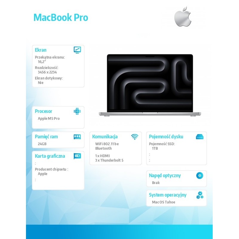 MacBook Pro 16.2 cala: M5 Pro 18/20, 24GB, 1TB SSD, bez zasi… | PartsPC.pl