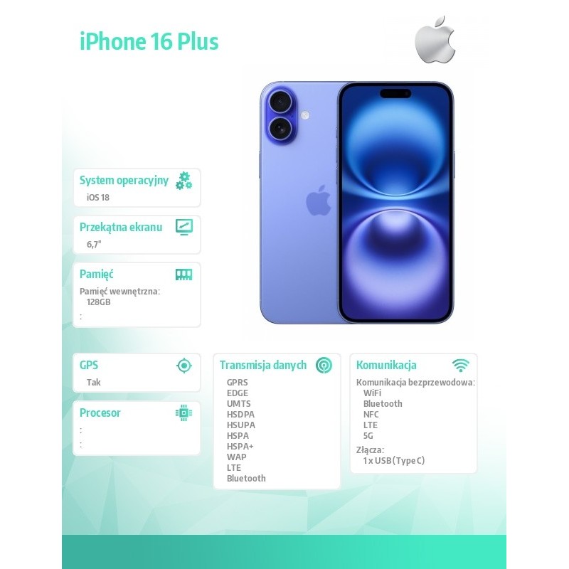 iPhone 16 Plus 128GB - Ultramaryna | PartsPC.pl