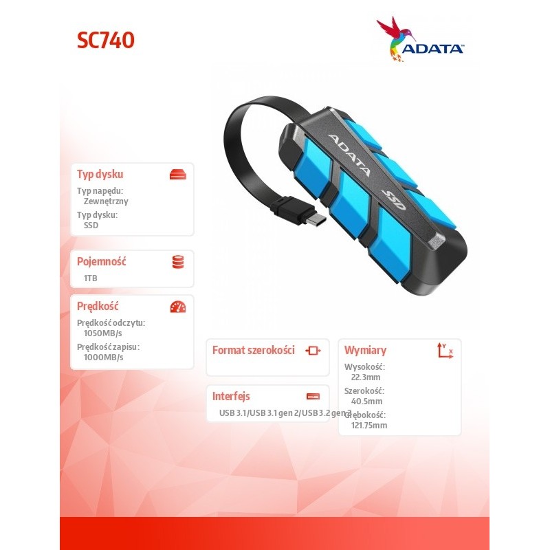 Adata Dysk zewnętrzny SSD SC740 1TB U3.2C 1050/1000 MB/s nie… | PartsPC.pl