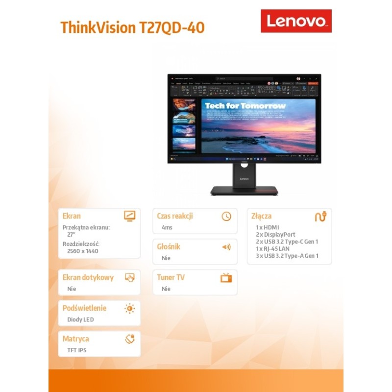 Lenovo Monitor 27 cali ThinkVision T27QD-40 WLED LCD 64AAGAT… | PartsPC.pl