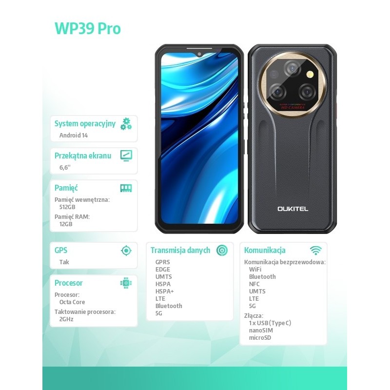 Smartfon WP39 Pro 5G 12/512GB IP69K Złoty | PartsPC.pl
