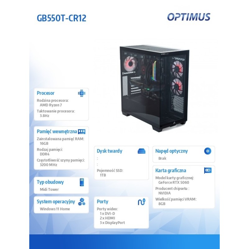 OPTIMUS Komputer E-Sport GB550T-CR12 R7-5800X/16GB/1TB/RTX 5… | PartsPC.pl