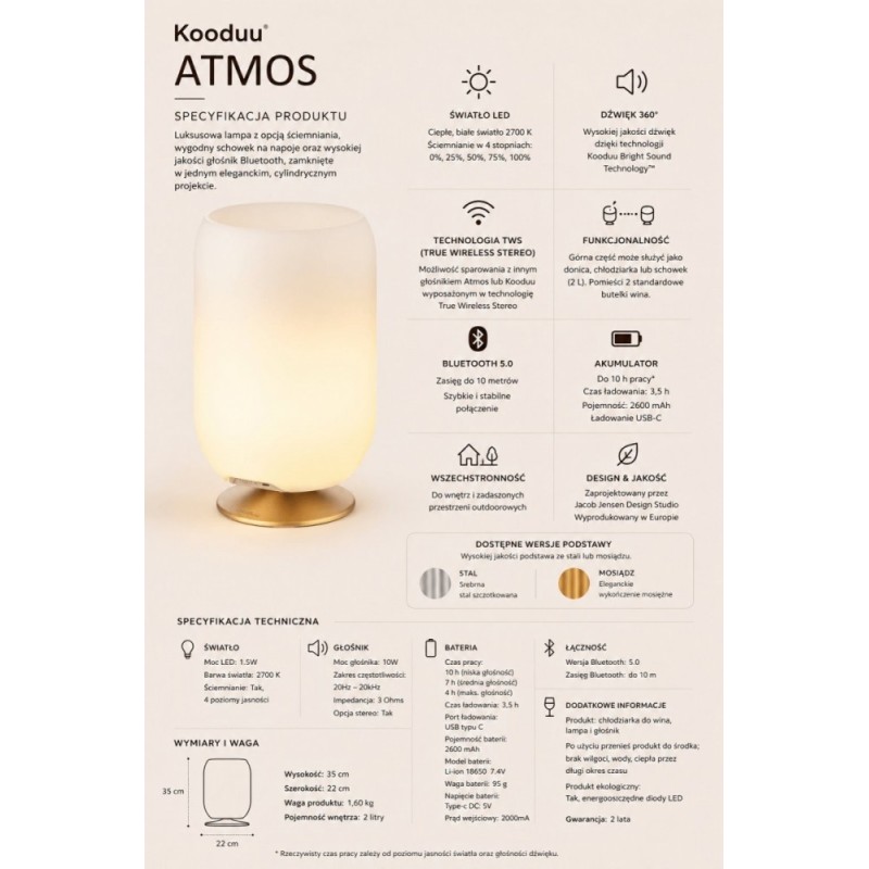 Lampa LED z głośnikiem i coolerem na napoje Atmos silver