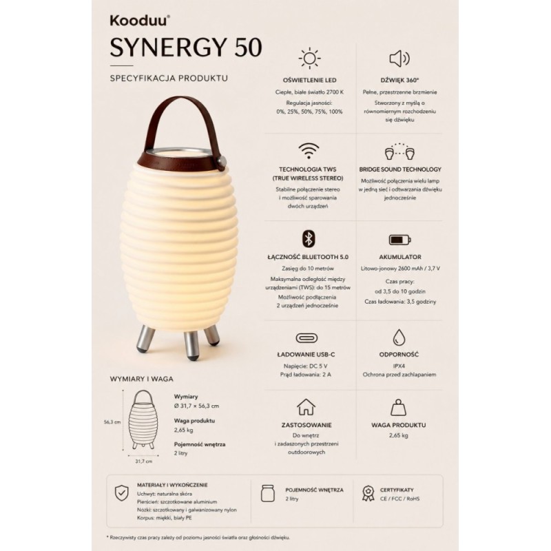 Lampa LED z głośnikiem i coolerem na napoje Synergy 50 biała