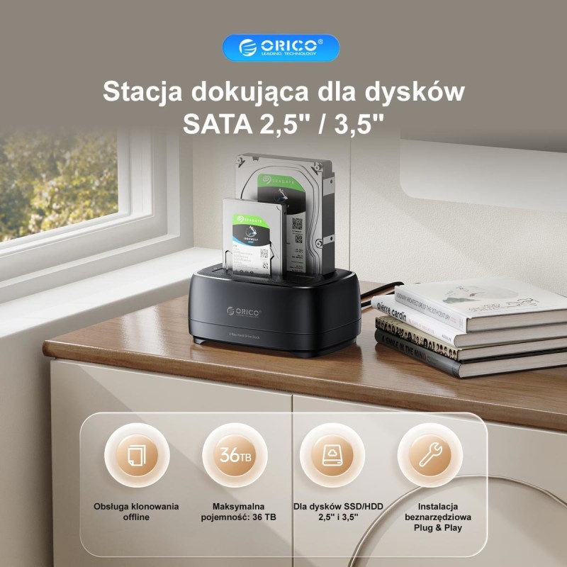 Orico Stacja dokująca 2 dyski SATA 2,5/3,5'' HDD/SSD, klonow… | PartsPC.pl