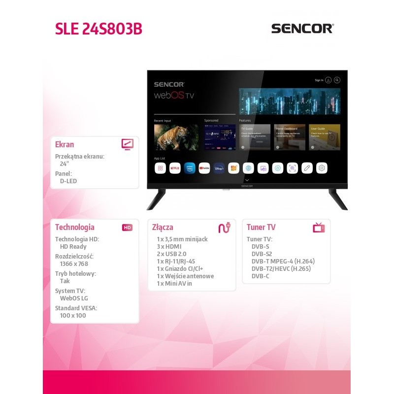 Sencor Telewizor 24 cale SMART webOS LG DVB-T/T2/C/S/S2 BT5 | PartsPC.pl