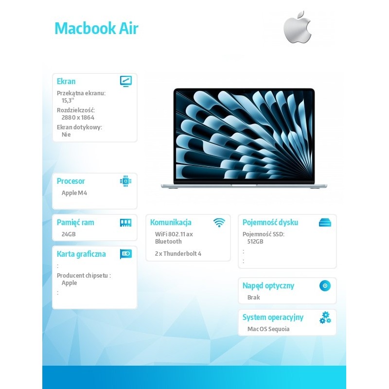 MacBook Air 15.3 cala: M4 10/10, 24GB, 512GB - Błękitny | PartsPC.pl