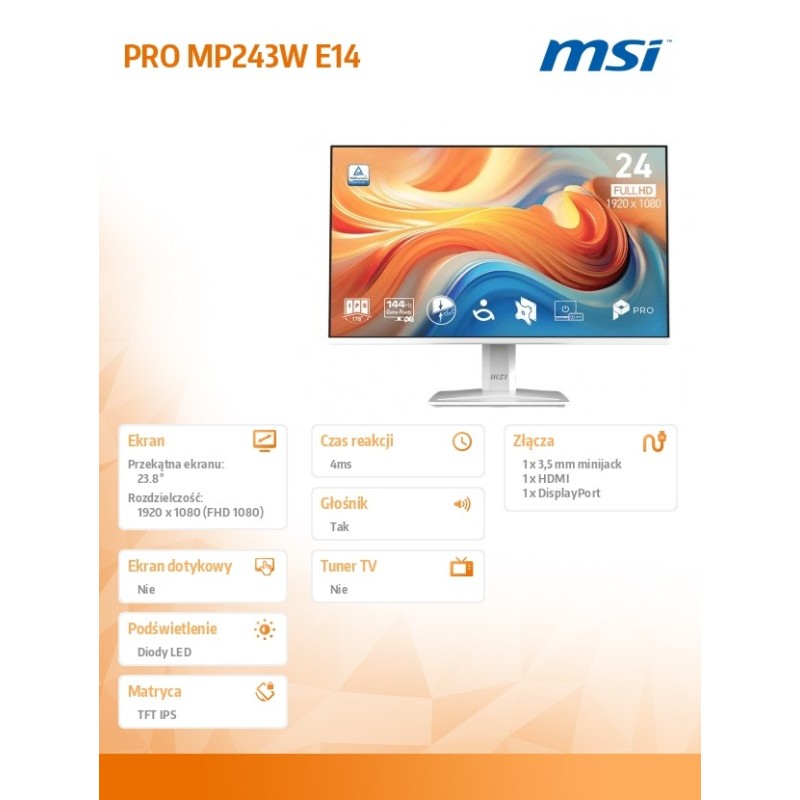 MSI Monitor PRO MP243W E14 23.8 cala LED/FHD/FLAT/144Hz/biał… | PartsPC.pl