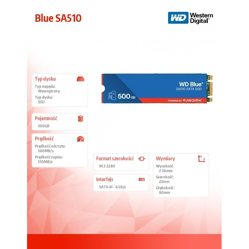 Dysk SSD Blue SSD 500GB SA510 M.2 2280 WDS500G3B0B | PartsPC.pl
