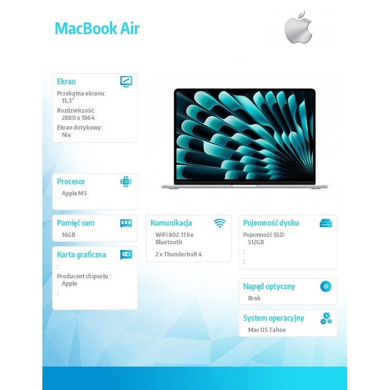 MacBook Air 15.3 cala: M5 10/10, 16GB, 512GB SSD, bez zasila… | PartsPC.pl