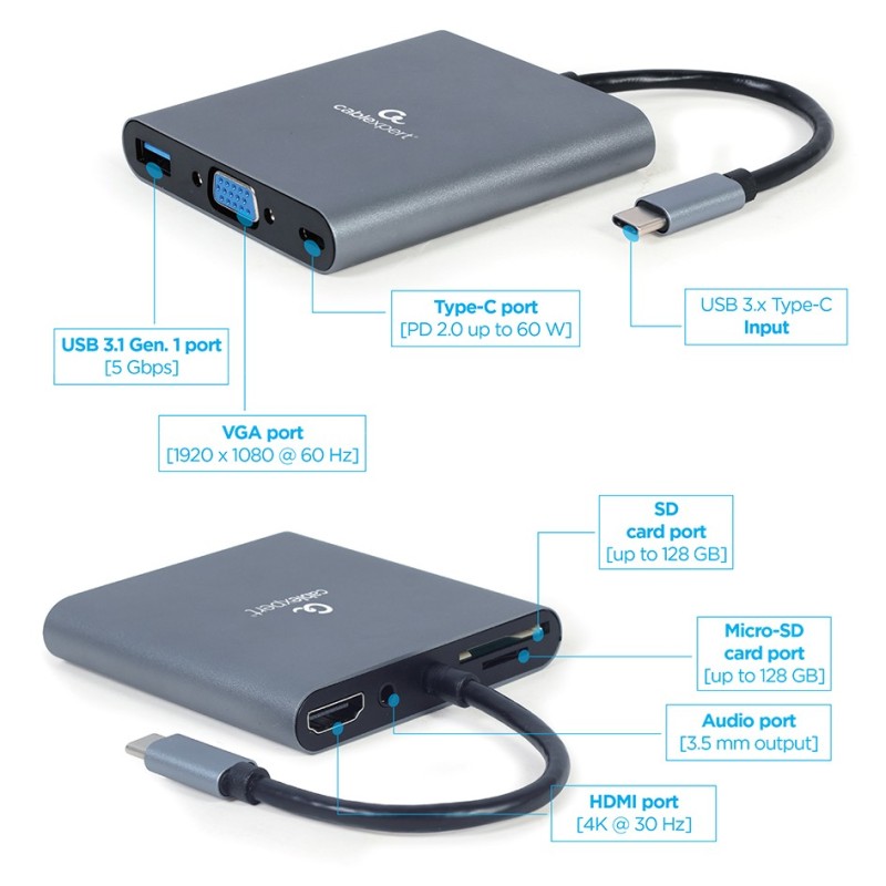 Adapter USB-C Hub HDMI USB-C PD VGA USB 3.0 Audio Card | PartsPC.pl