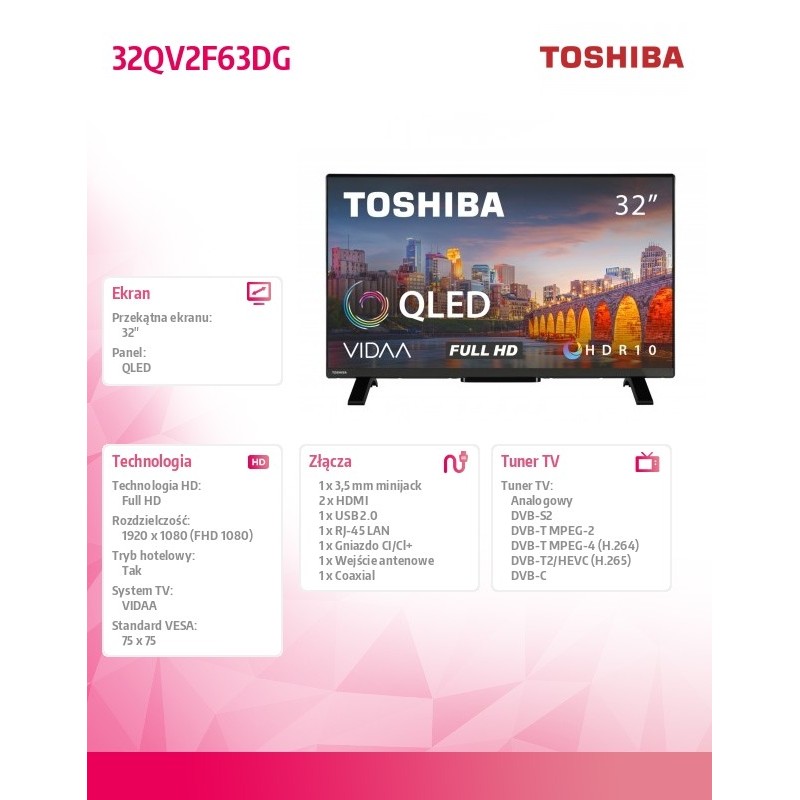 Toshiba Telewizor QLED 32 cale 32QV2F63DG | PartsPC.pl