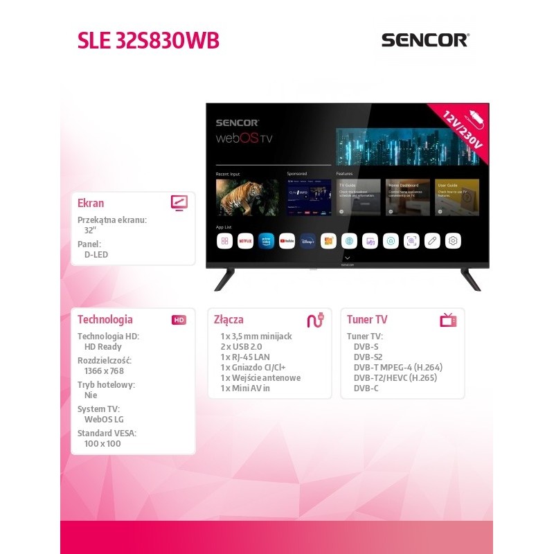 Sencor Telewizor 32 cale Smart webOS LG 12/240V SLE 32S830WB… | PartsPC.pl