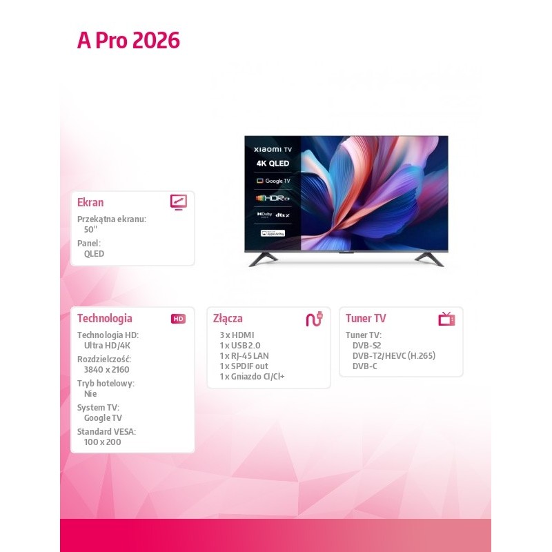 XIAOMI Telewizor TV A Pro 2026 50 cali | PartsPC.pl