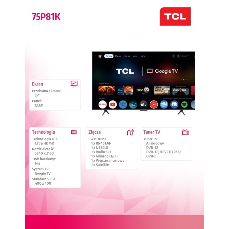 TCL Telewizor QLED 75 cali 75P81K | PartsPC.pl
