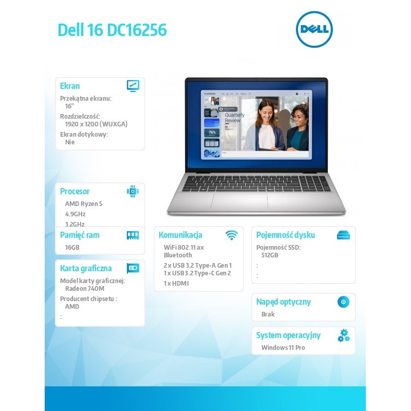 Laptop Dell 16 DC16256 W11P R5-220|16GB|512GB|AMD Radeon|Fgr… | PartsPC.pl