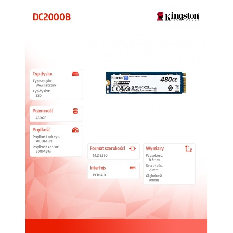 Kingston Dysk SSD DC2000B 480GB PCIe 4.0 NVMe M.2 | PartsPC.pl
