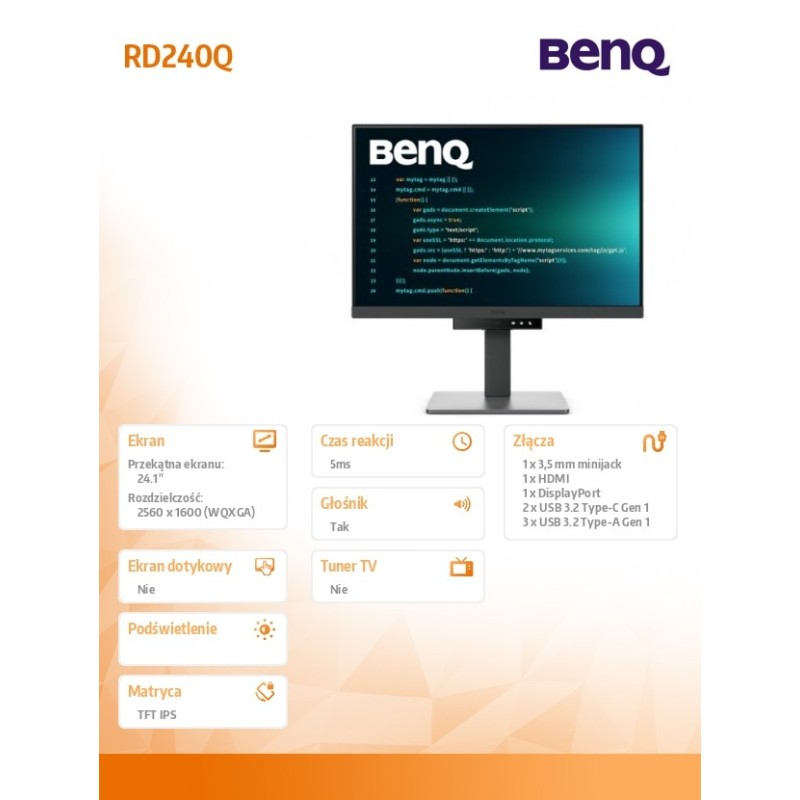 Benq Monitor 24 cale RD240Q WQXGA 5ms/IPS/1200:1/HDMI/DP | PartsPC.pl