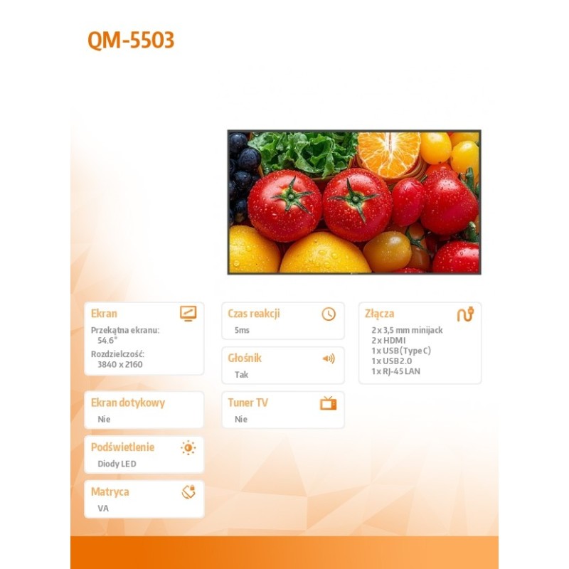 Monitor wielkoformatowy QM-5503 CZARNY 500cd/m2 5000:1 24/7 … | PartsPC.pl