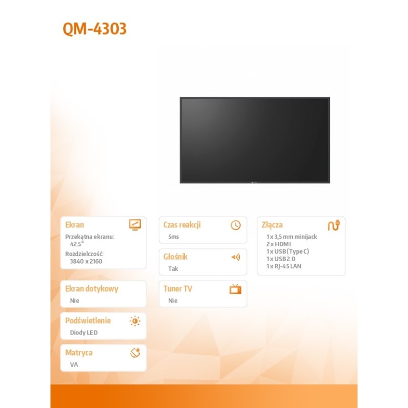 Monitor wielkoformatowy 43 cale QM-4303 4K VA UHD 24/7 500NI… | PartsPC.pl