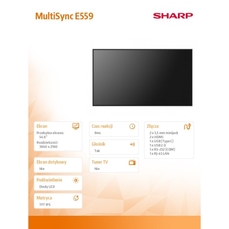 Monitor wielkoformatowy MultiSync E559 55 cali UHD 16/7 350c… | PartsPC.pl