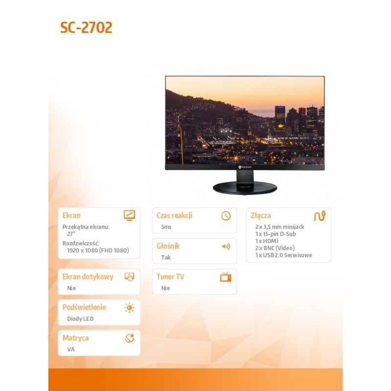 AG NEOVO Monitor 27 cali SC-2702 LED VA FHD HDMI VGA BNC | PartsPC.pl