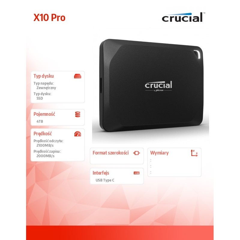 Crucial Dysk SSD Pro X10 4TB USB-C 3.2 Gen2 2x2 | PartsPC.pl