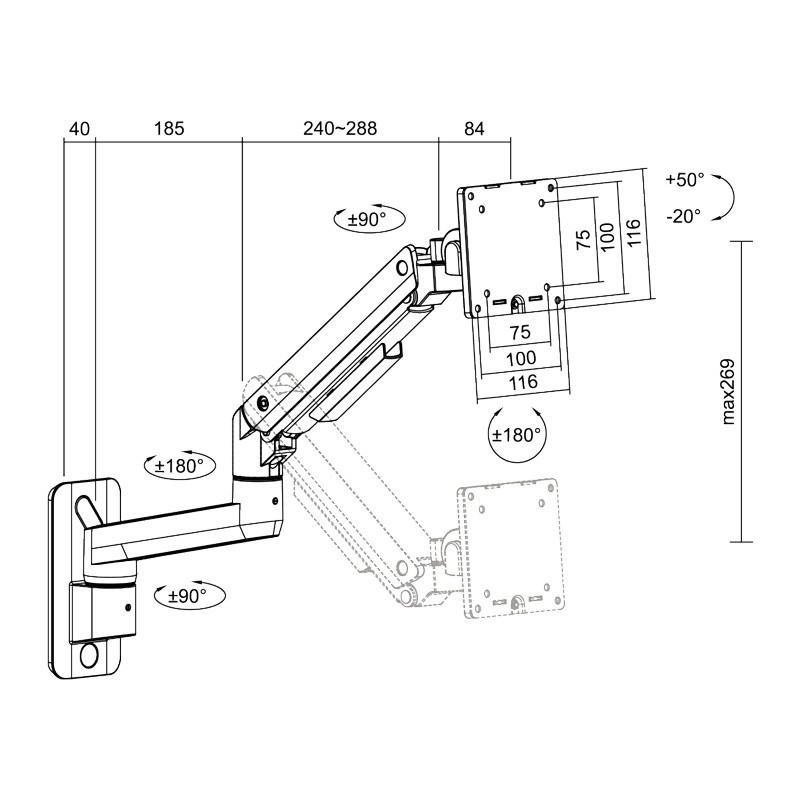 Uchwyt do monitora 17-49 cali, aluminiowy, max 20kg | PartsPC.pl