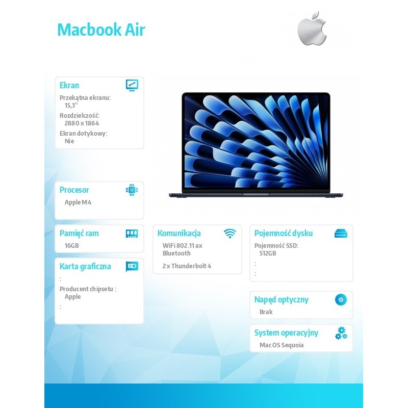 MacBook Air 15.3 cala: M4 10/10, 16GB, 512GB - Północ | PartsPC.pl