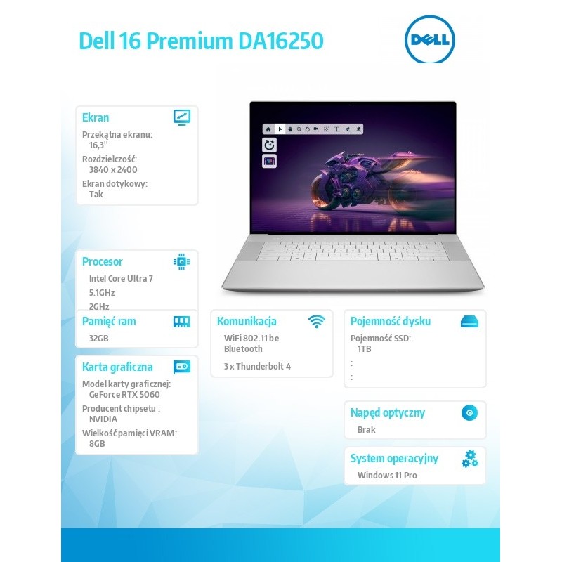 Laptop Dell 16 Premium DA16250 Win11Pro U7-255H|32GB|1TB SSD… | PartsPC.pl