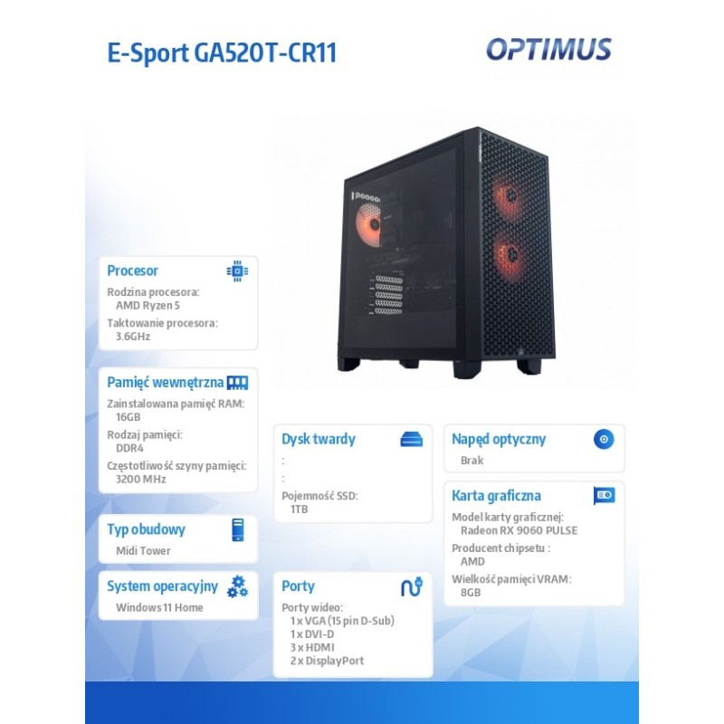OPTIMUS Komputer E-Sport GA520T-CR12 Ryzen 5 5500/16GB/1TB/R… | PartsPC.pl