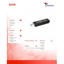 Adata Dysk SSD zewnętrzny SC610 500GB USB3.2A Gen2 czarny | PartsPC.pl