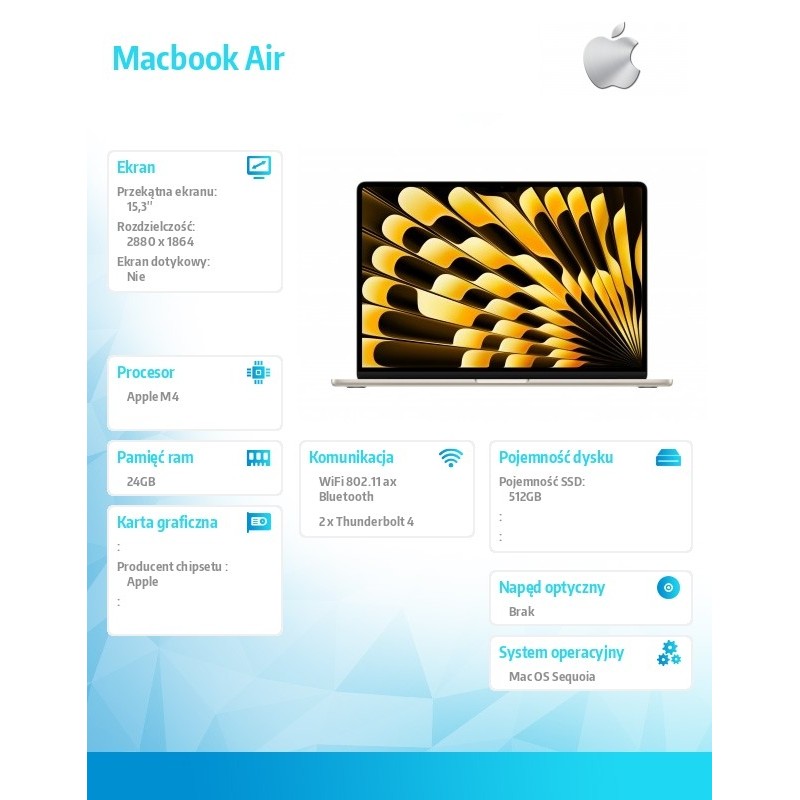 MacBook Air 15.3 cala: M4 10/10, 24GB, 512GB - Księżycowa Po… | PartsPC.pl