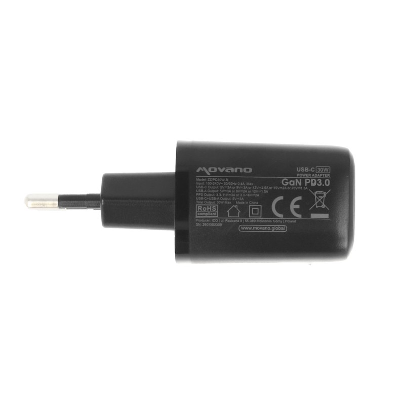 Ładowarka Movano GaN 30W USB-C PD + USB-A (black) | PartsPC.pl