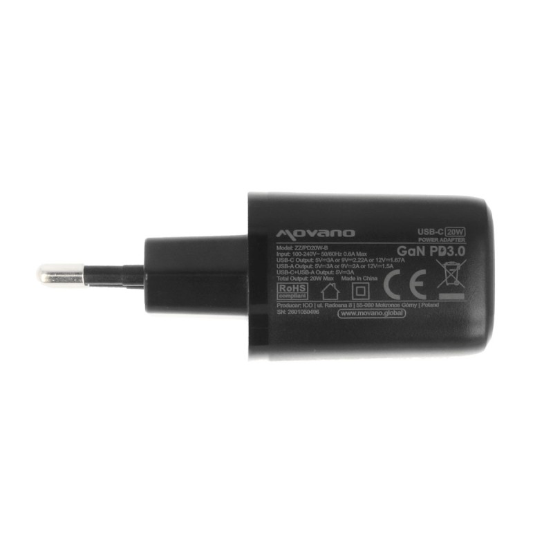 Ładowarka Movano GaN 20W USB-C PD + USB-A (black) | PartsPC.pl