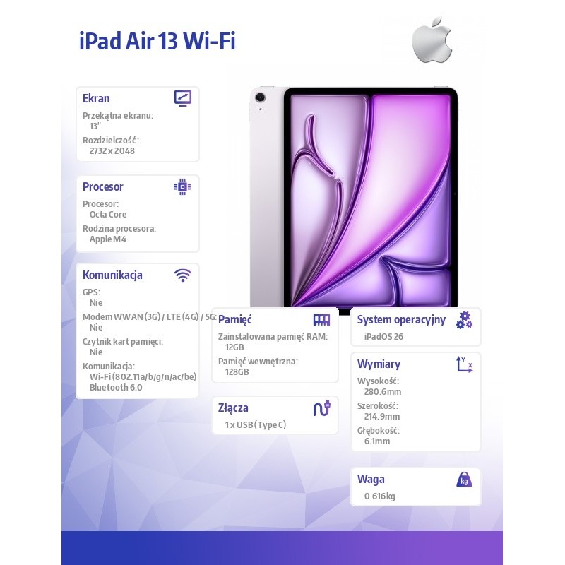 Apple iPad Air 13 cali Wi-Fi 128GB Fioletowy | PartsPC.pl
