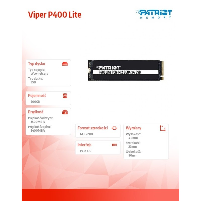 Patriot Dysk SSD 500GB Viper P400 Lite 3500/2400MB/s PCIe M.… | PartsPC.pl