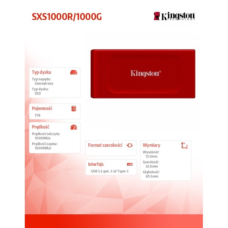 Dysk SSD XS1000R 1TB USB3.2 Gen2.2 Zewnętrzny Red | PartsPC.pl