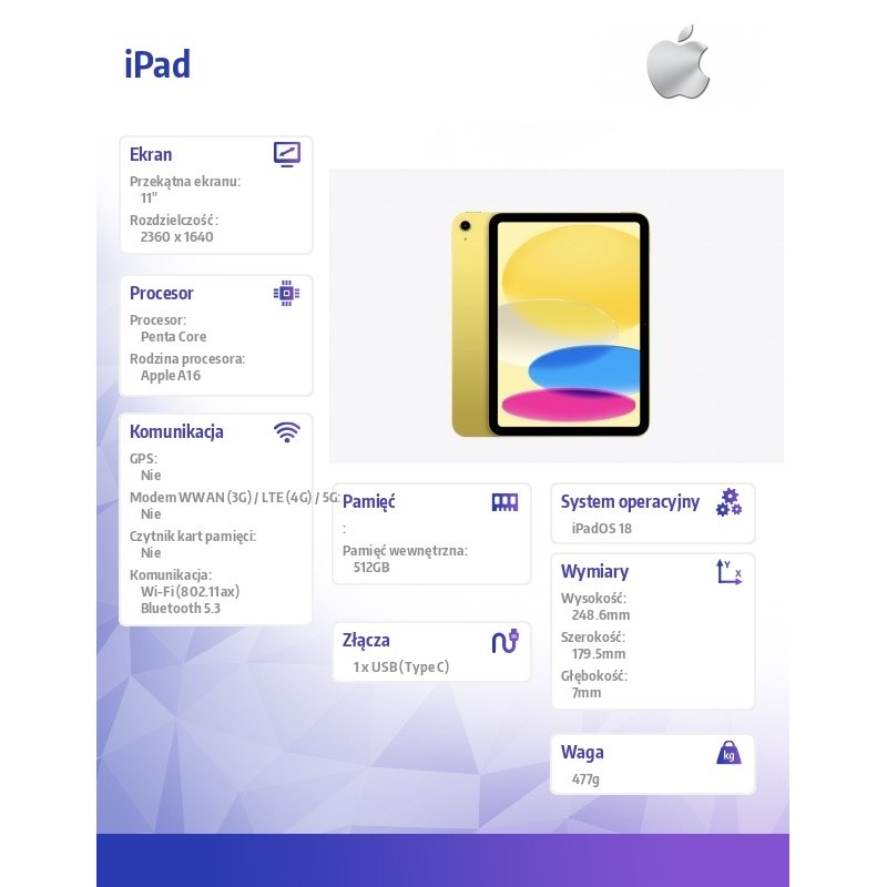 Apple iPad WiFi 11 cali 512GB Żółty | PartsPC.pl