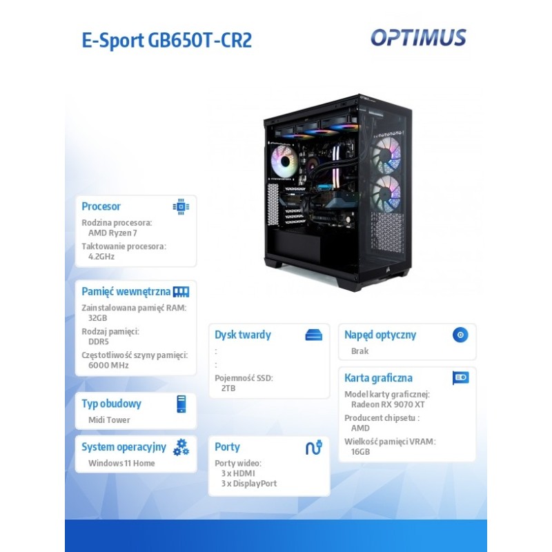 Komputer E-Sport GB650T-CR2 Ryzen 7 7800X3D/32GB/2TB/RX 9070… | PartsPC.pl