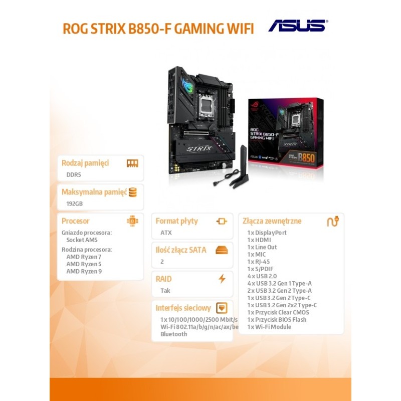 Asus Płyta główna ROG STRIX B850-F GAMING WIFI | PartsPC.pl