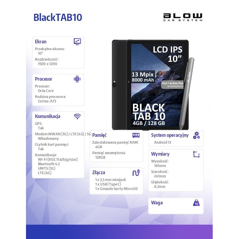 BLOW Tablet BlackTAB10 4/128GB 4G LTE 10 cali Czarny | PartsPC.pl