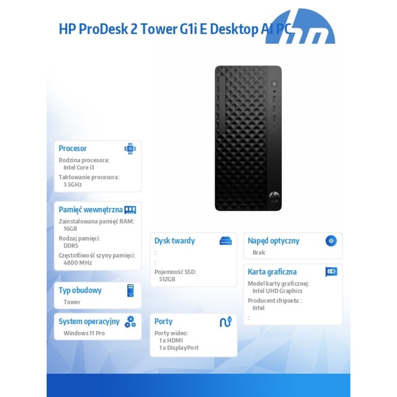 Komputer ProDesk 2 Tower G1i E i3-14100 512GB/16GB/W11P B6ZC… | PartsPC.pl