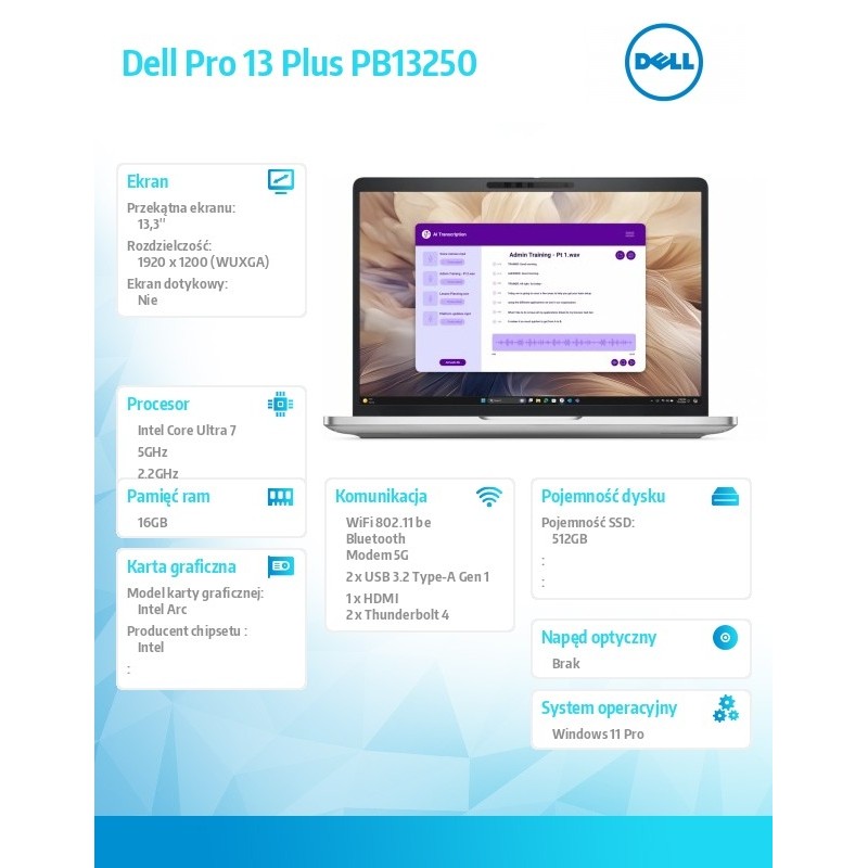 Laptop Dell Pro 13 Plus PB13250 W11P U7-266V/16GB/512GB SSD … | PartsPC.pl