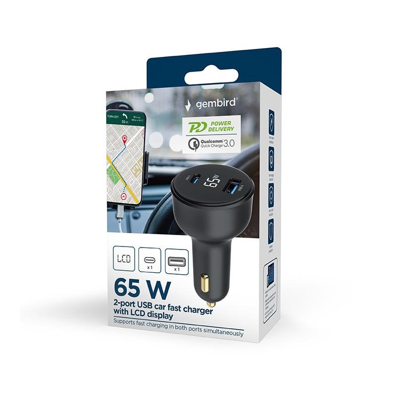 Szybka ładowarka samochodowa 2xUSB-A+C, Type-C (PD), LCD, 65… | PartsPC.pl
