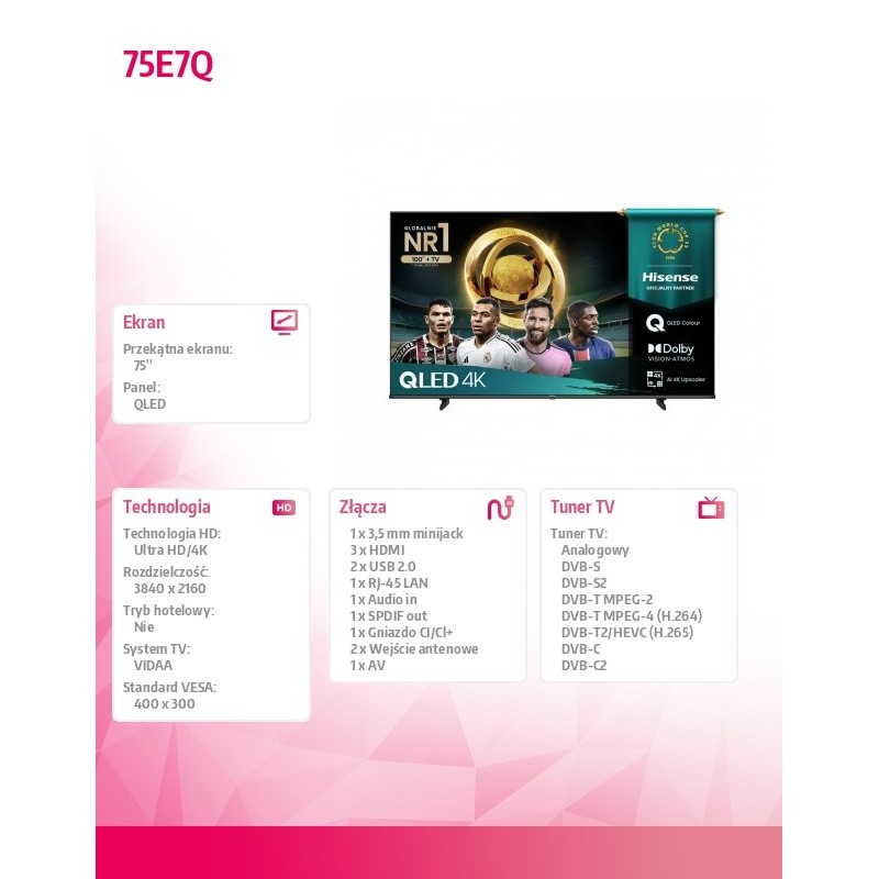 Hisense Telewizor QLED 75 cali 75E7Q | PartsPC.pl