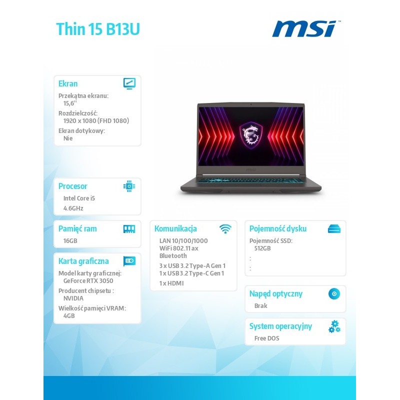 Notebook Thin 15 B13UC-3423XPL nOS/i5-13420/16GB/512GB SSD/R… | PartsPC.pl