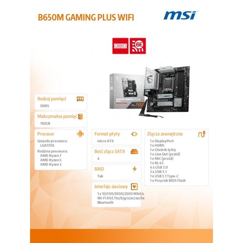 Płyta główna B650M GAMING PLUS WIFI AM5 4DDR5 HDMI/DP mATX | PartsPC.pl