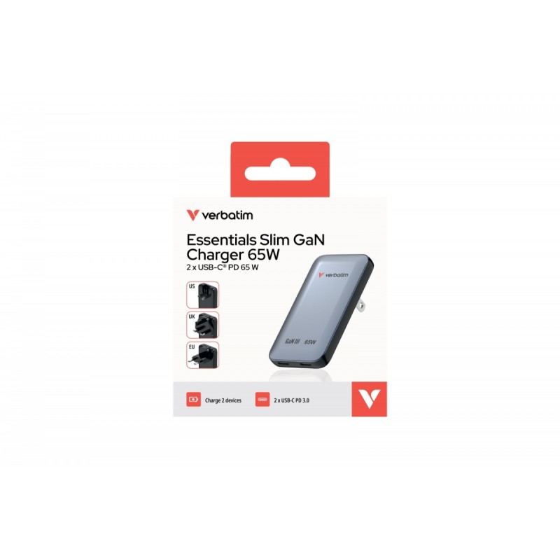 Ładowarka Essentials Slim GaN 65W 2x USB-C, US/UK/UE szara | PartsPC.pl