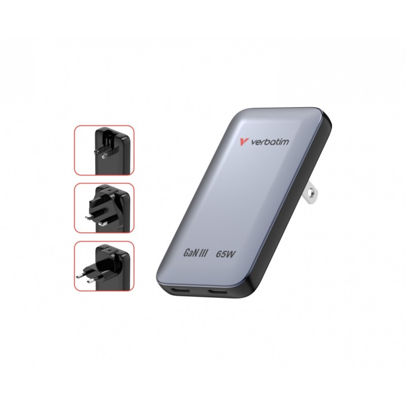 Ładowarka Essentials Slim GaN 65W 2x USB-C, US/UK/UE szara | PartsPC.pl